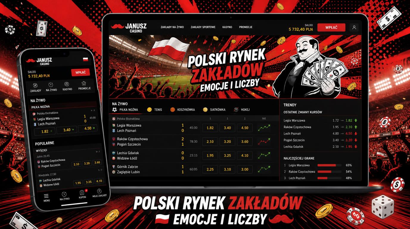 Interfejs pokazujący ekran z kursami, rosnącymi i malejącymi liczbami oraz polską flagą w tle
