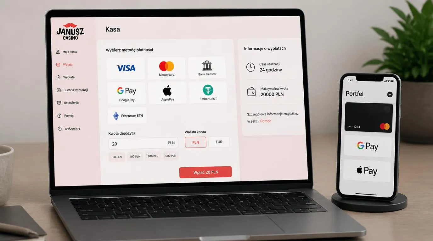 Ekran kasy z wyborem płatności, kwotą wpłaty 20 PLN i ustawieniem waluty konta