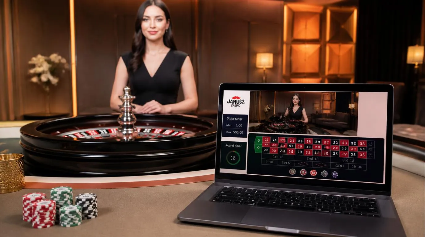 Krupier przy stole ruletki w studiu HD, obok ekran z wyborem stawek do gry na żywo
