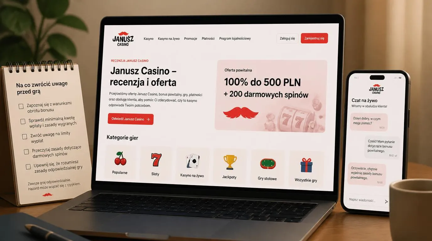 Ekran kasyna z kategoriami gier i kartą oferty powitalnej obok listy warunków